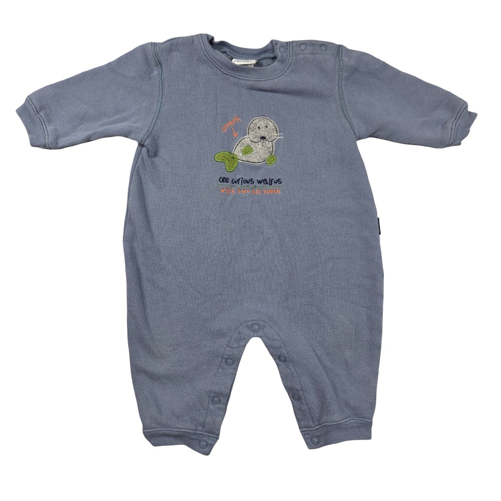 Vintage Carters Baby Blue Walrus Fleece One Piece Romper 6-9M Snaps Y2K